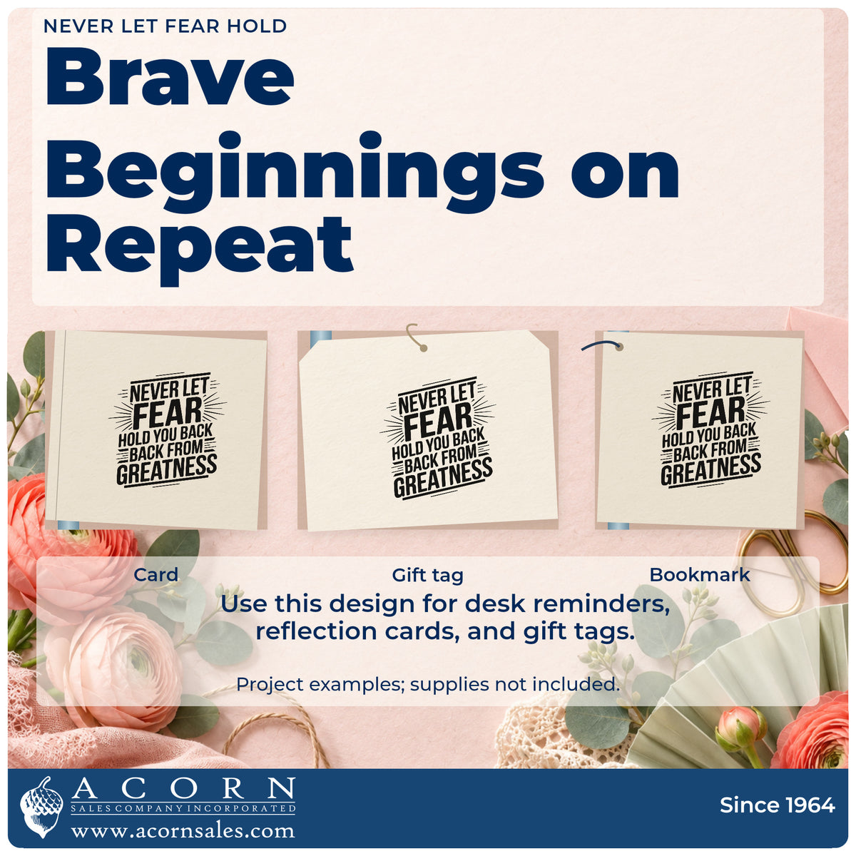 Three project examples made with the Never Let Fear Hold You Back Block Lettering Duo Hand Stamp, including drill score sheet.