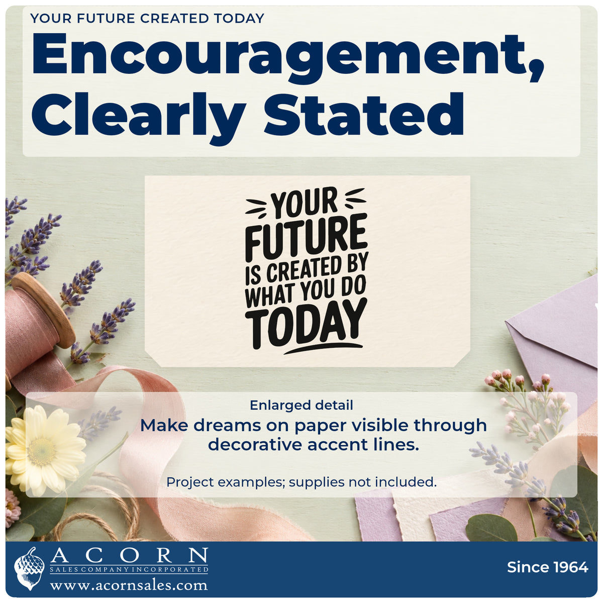 Enlarged detail of the Your Future Is Created By What You Do Today Pre-Inked Stamp – Slim imprint. YOUR FUTURE IS CREATED BY WHAT YOU DO TODAY appears in bold capitals with decorative strokes.