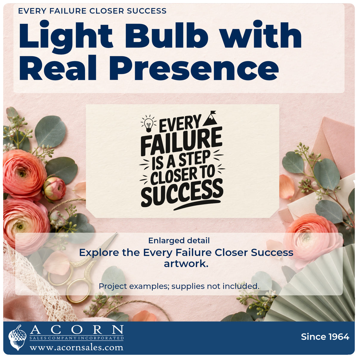 Enlarged detail of the Every Failure Closer Success Premium Wooden Stamp – Vintage Pro imprint. EVERY FAILURE IS A STEP CLOSER TO SUCCESS appears with a light bulb and a flagged mountain.