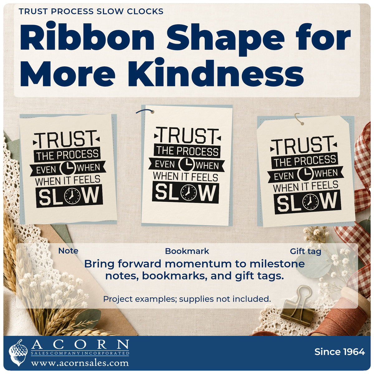 Three project examples made with the Trust Process Slow Clocks Ribbon Lettering Stamp – Slim Pre-Inked, including brew log sheet.