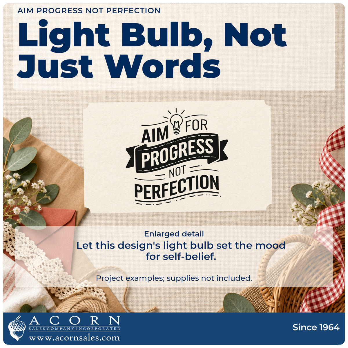 Enlarged detail of the Aim Progress Not Perfection Rubber Stamp – Duo Hand imprint. AIM FOR PROGRESS NOT PERFECTION appears with a light bulb and dark ribbon banner.