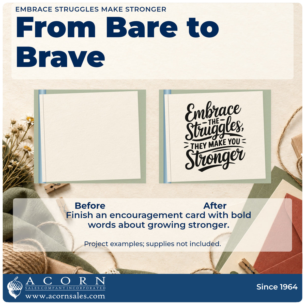 Before and after of a plain item finished with the Embrace The Struggles They Make You Stronger Slim Pre-Inked Stamp, a quick upgrade for framed carrel corner.