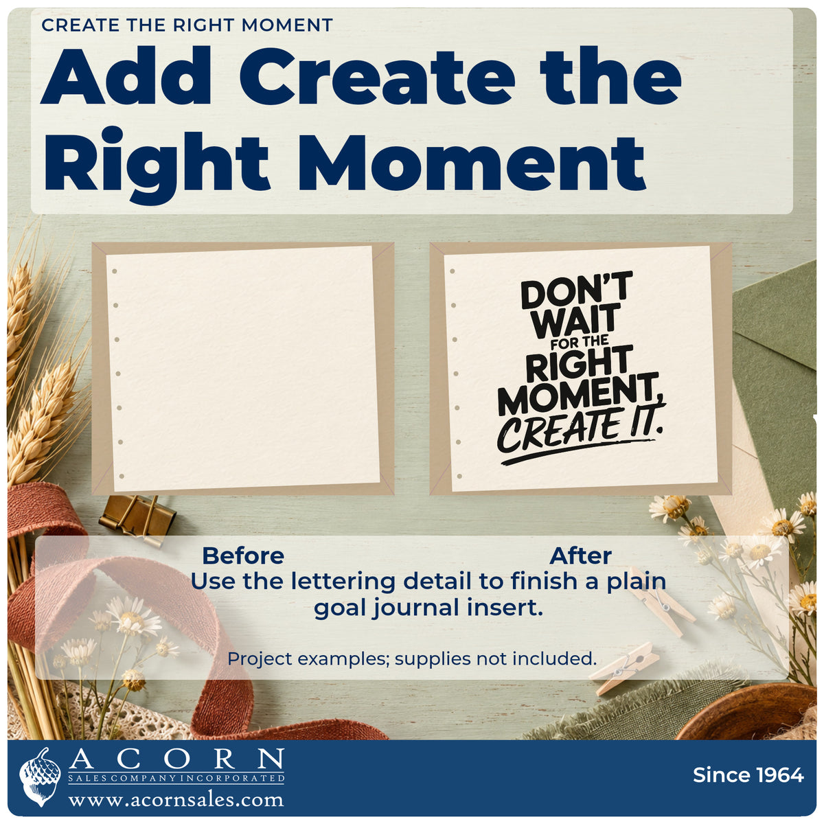 Before and after of a plain item finished with the Don't Wait For The Right Moment Create It Hand Stamp – Duo, a quick upgrade for framed living wall.