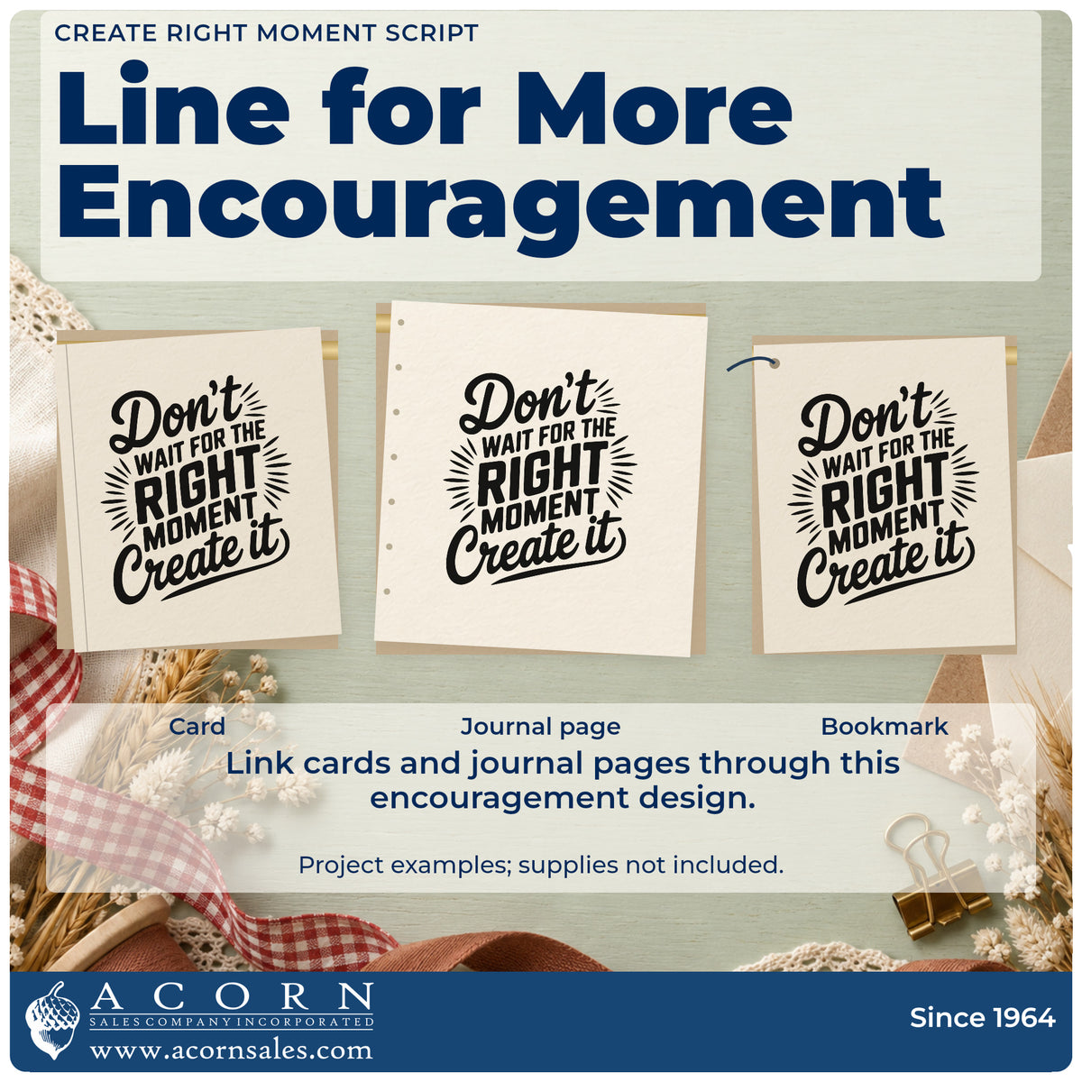 Three project examples made with the Create Right Moment Script Wood Handle Stamp, including settle plan sheet.