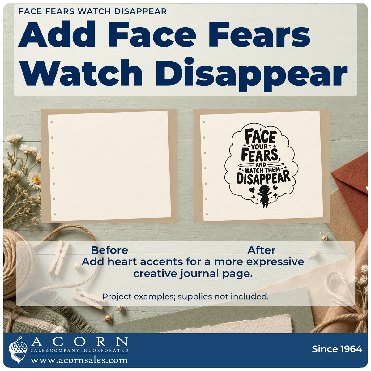 Before and after of a plain item finished with the Face Your Fears And Watch Them Disappear Craft Stamp – Self-Inking, a quick upgrade for framed hall shelf.