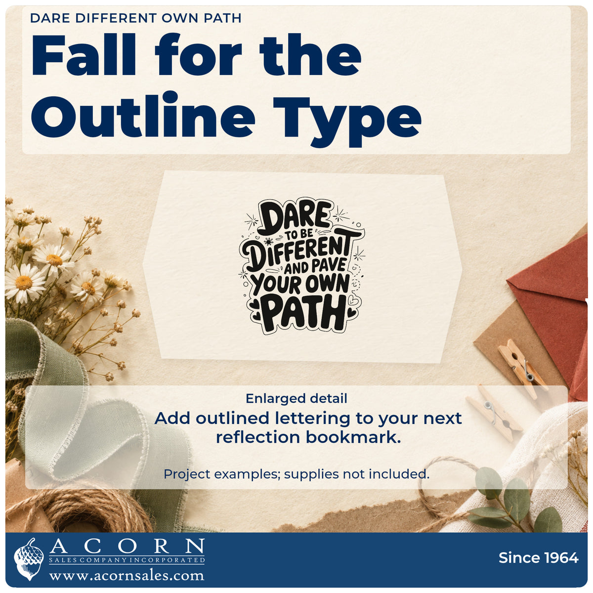 Enlarged detail of the Dare To Be Different And Pave Your Own Path Slim Pre-Inked Stamp imprint. DARE TO BE DIFFERENT AND PAVE YOUR OWN PATH appears in outlined lettering with small stars and hearts.