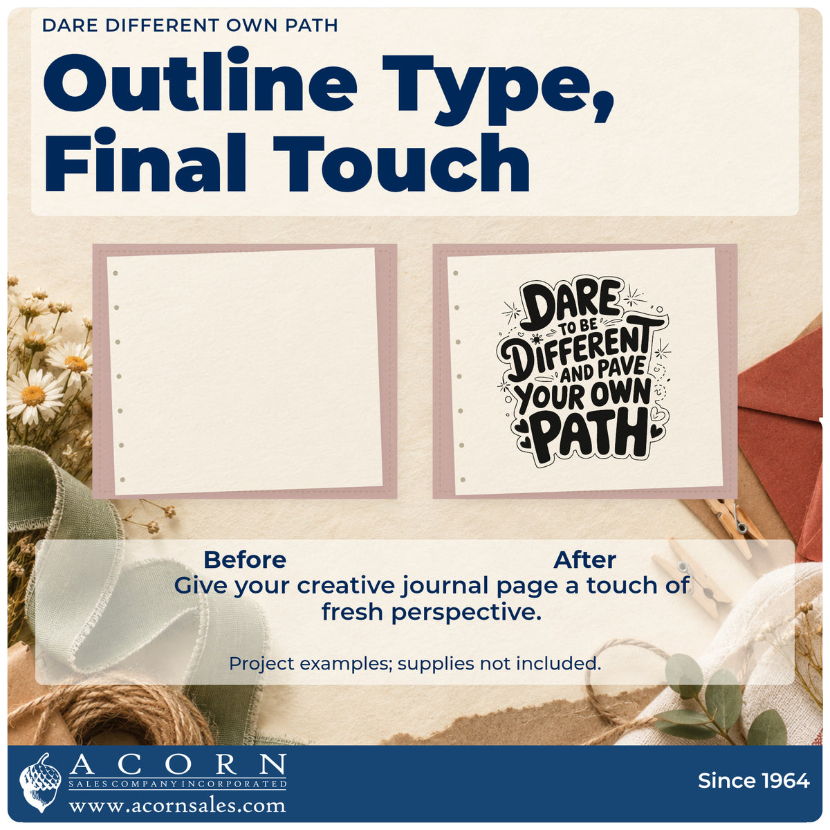 Before and after of a plain item finished with the Dare To Be Different And Pave Your Own Path Stamp – Self-Inking, a quick upgrade for framed craft corner.