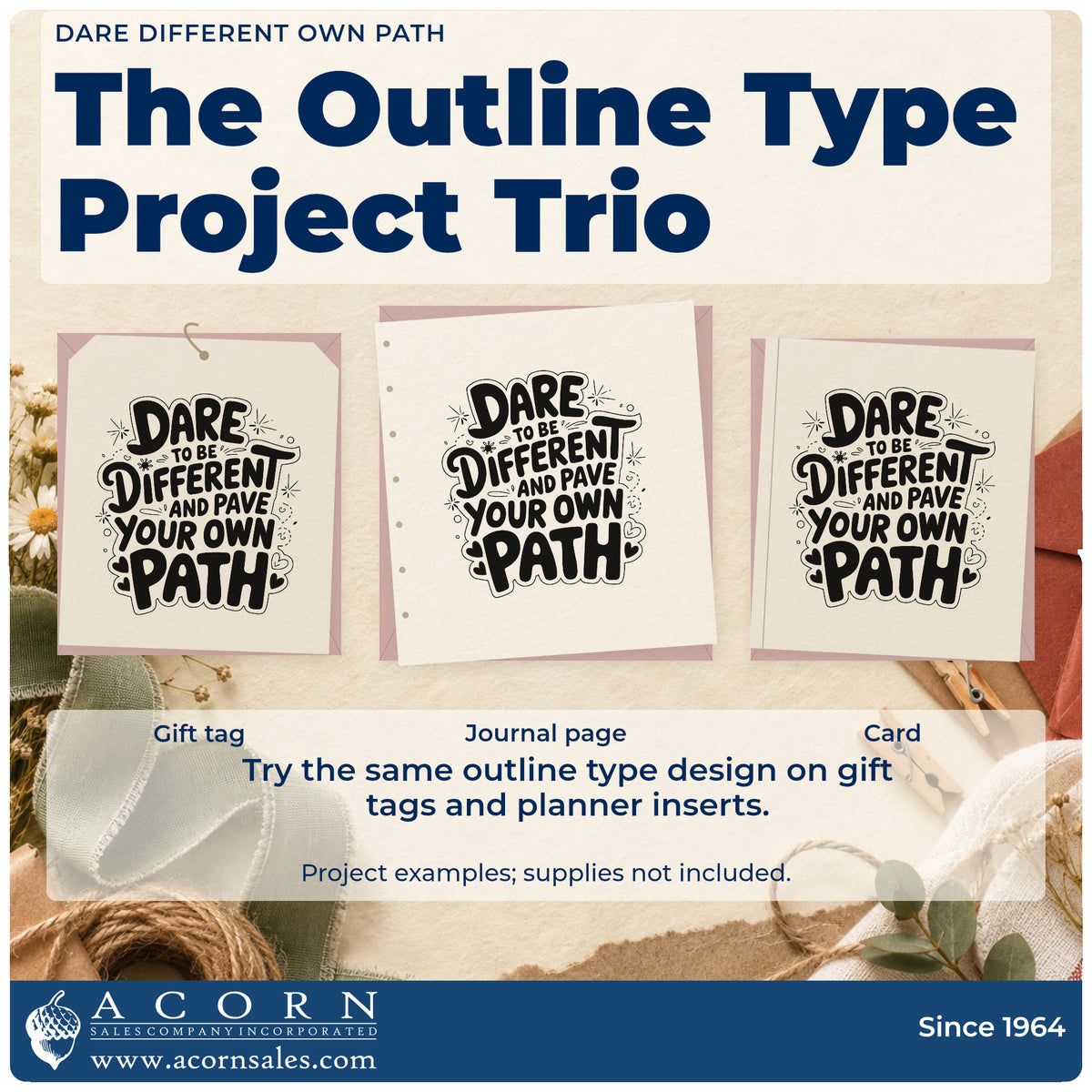 Three project examples made with the Dare To Be Different And Pave Your Own Path Duo Hand Stamp, including build plan sheet.