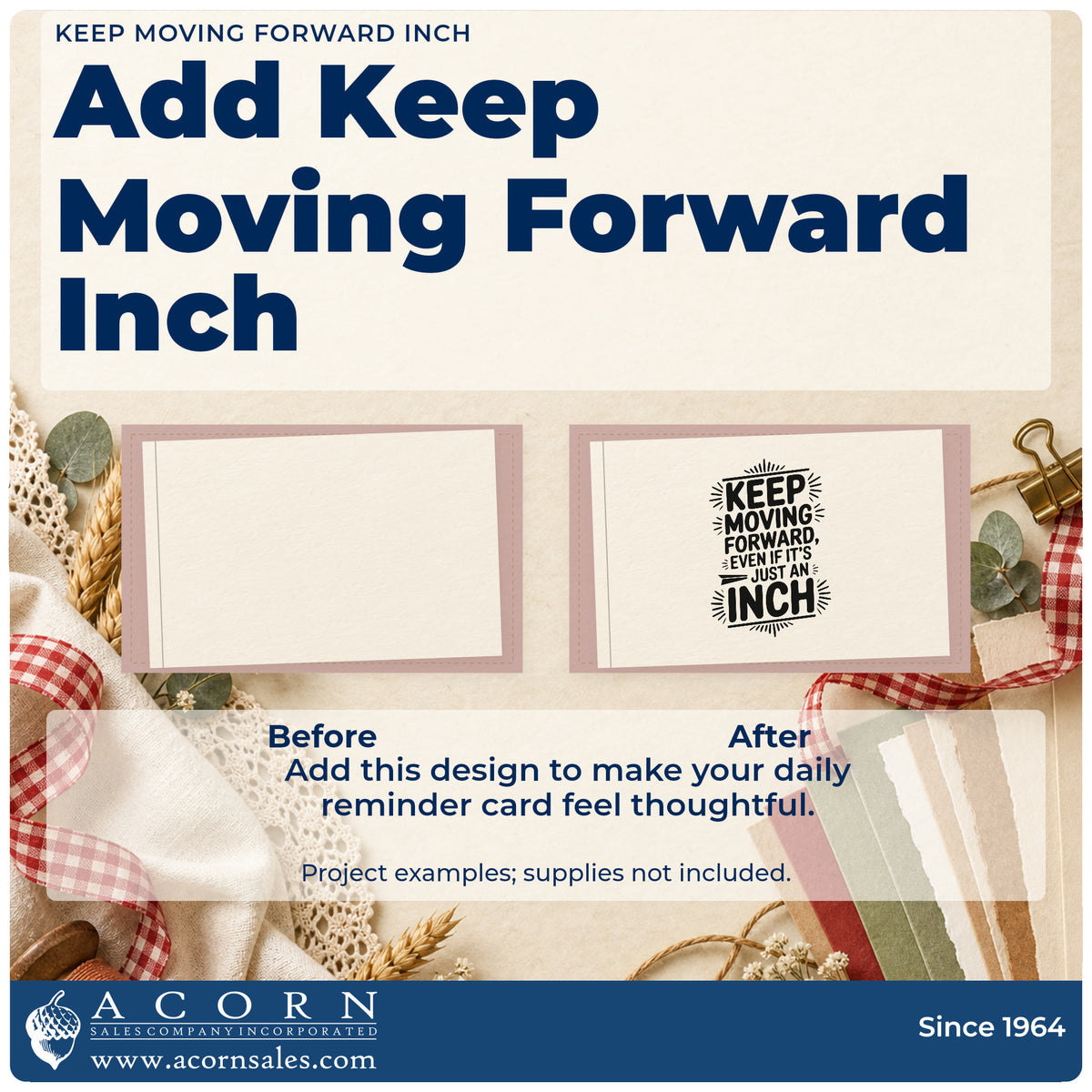 Before and after of a plain item finished with the Keep Moving Forward Even If It's Just An Inch Wood-Mounted Rubber Stamp, a quick upgrade for framed barn office.