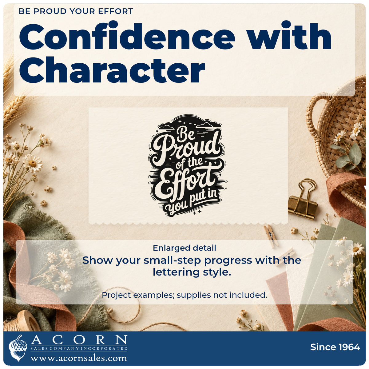 Enlarged detail of the Be Proud Your Effort Lettering Pre-Inked Stamp – Slim imprint. Be Proud of the Effort you put in appears in negative-space decorative lettering on a dark brush shape.