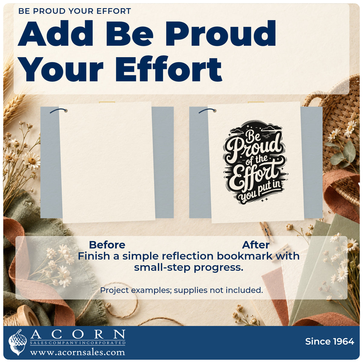 Before and after of a plain item finished with the Be Proud Your Effort Lettering Pre-Inked Stamp – Slim, a quick upgrade for framed school field.