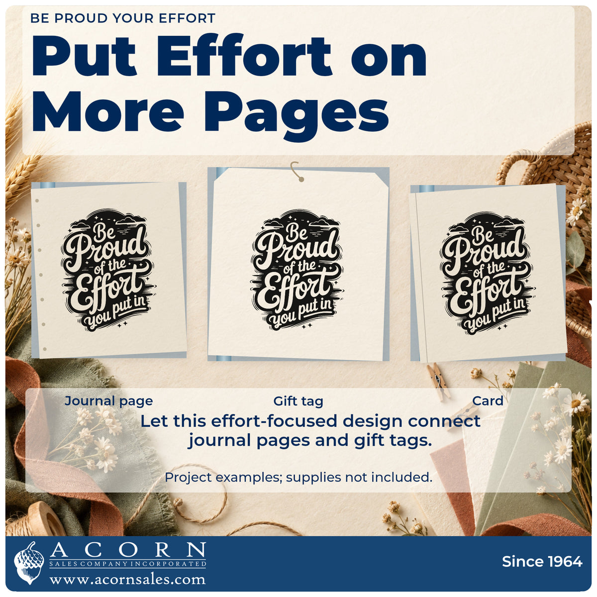 Three project examples made with the Be Proud Your Effort Lettering Craft Stamp – Self-Inking, including event order sheet.