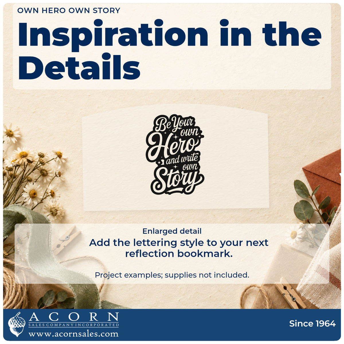 Enlarged detail of the Be Your Own Hero And Write Own Story Stamp – Premium Vintage Pro Wooden imprint. Be Your own Hero and write own Story appears in flowing negative-space lettering on a dark outline.