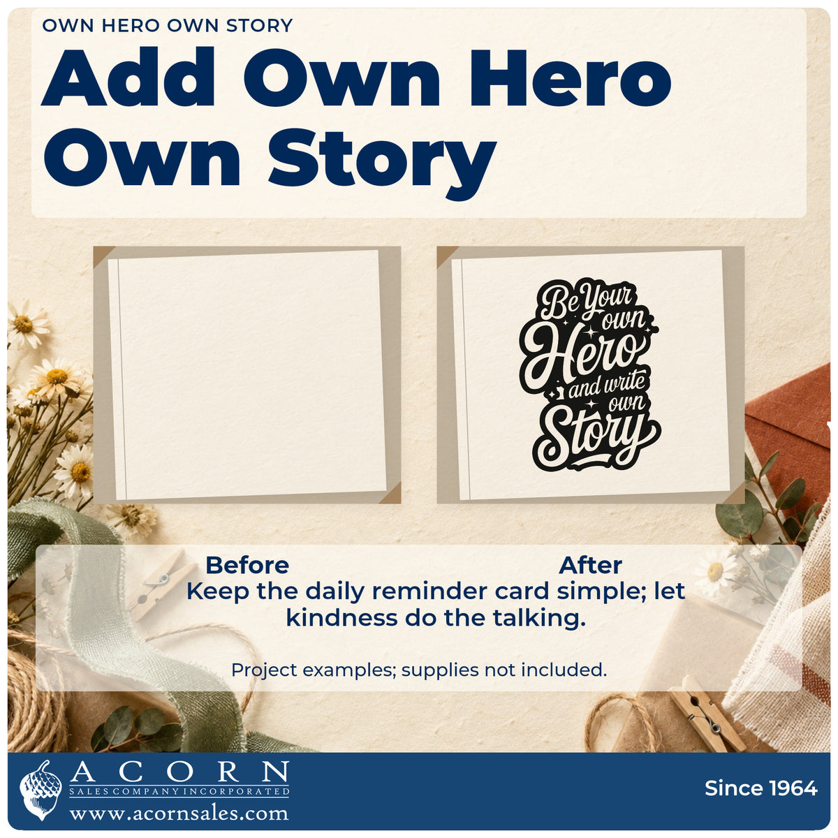 Before and after of a plain item finished with the Be Your Own Hero And Write Own Story Pre-Inked Stamp – Slim, a quick upgrade for framed game room.
