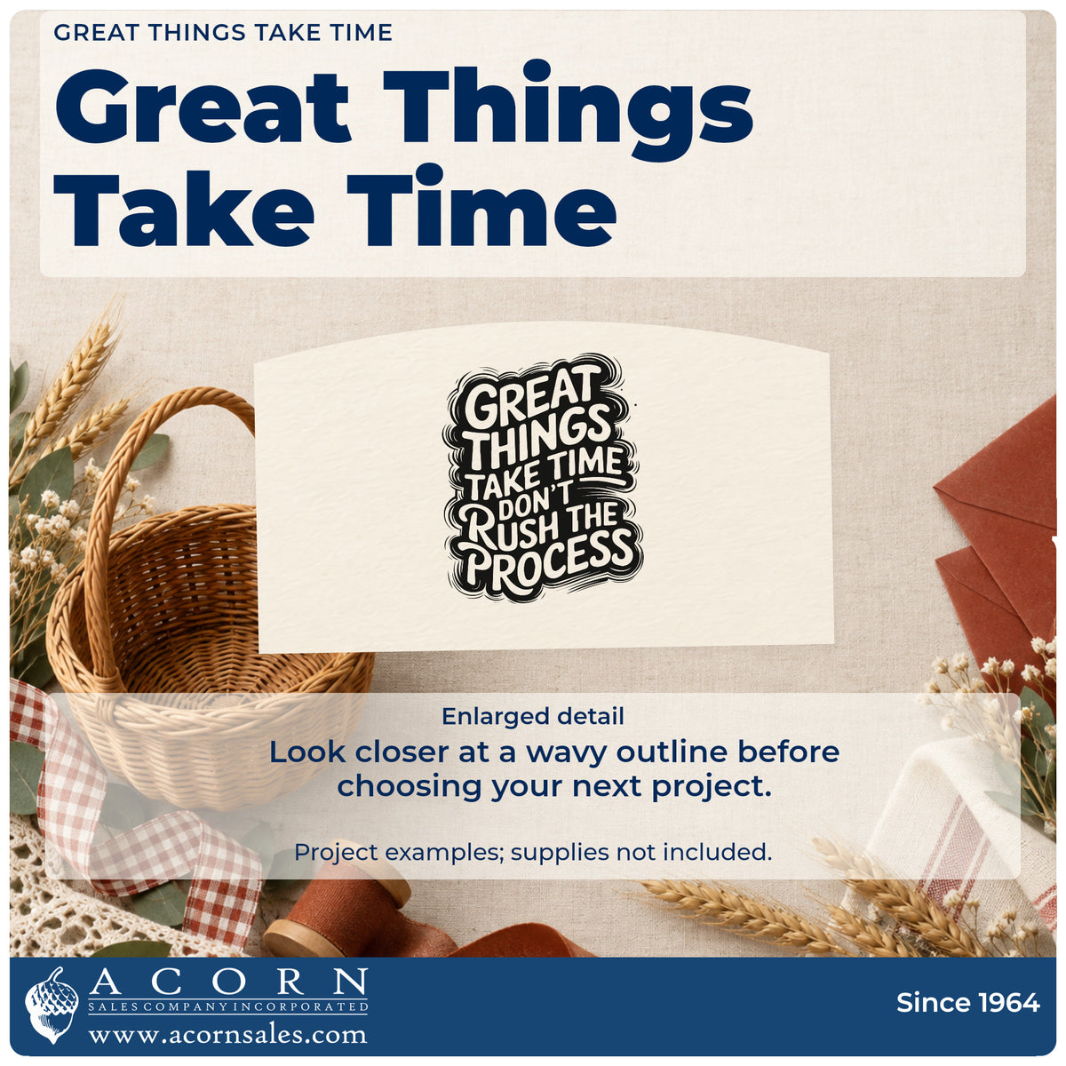 Enlarged detail of the Great Things Take Time Don't Rush The Process PSI Pre-Inked Stamp imprint. GREAT THINGS TAKE TIME DON'T RUSH THE PROCESS fills a wavy decorative outline.