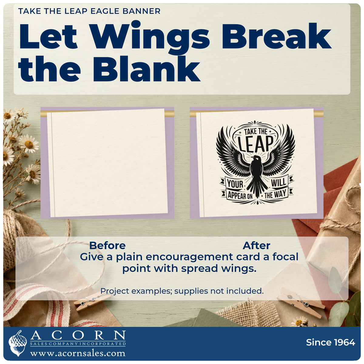 Before and after of a plain item finished with the Take The Leap Spread-Wing Bird Self-Inking Stamp, a quick upgrade for framed mews door.