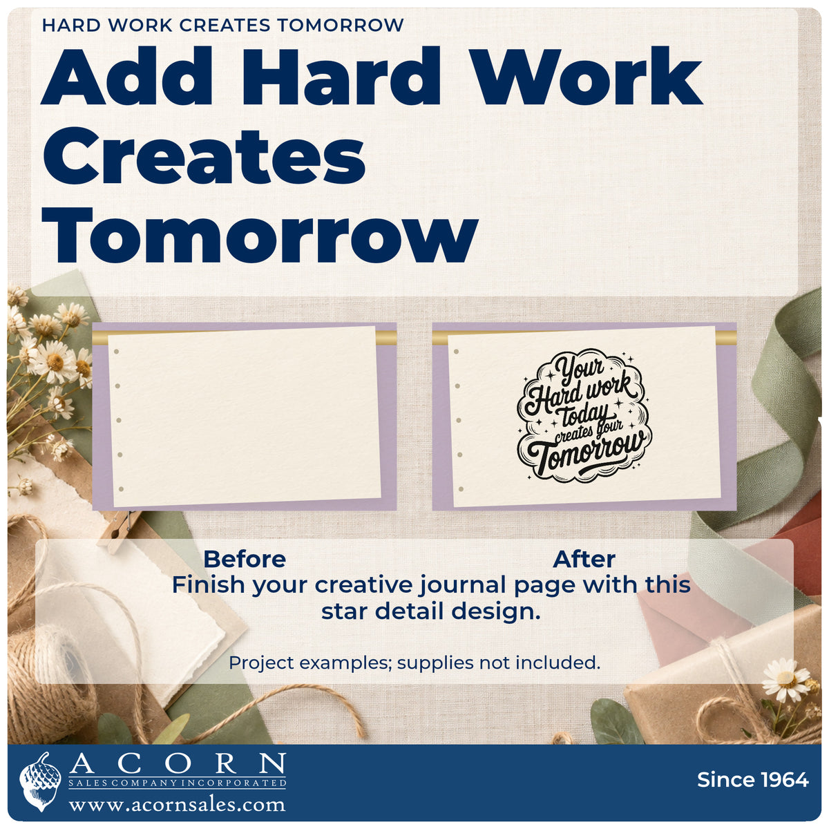 Before and after of a plain item finished with the Your Hard Work Today Creates Your Tomorrow Stamp – Self-Inking, a quick upgrade for framed dorm desk.