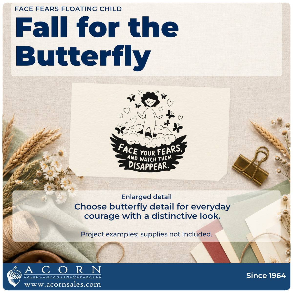 Enlarged detail of the Face Fears Floating Child Butterfly Craft Stamp – Self-Inking imprint. A child stands on clouds among hearts and butterflies above FACE YOUR FEARS AND WATCH THEM DISAPPEAR.