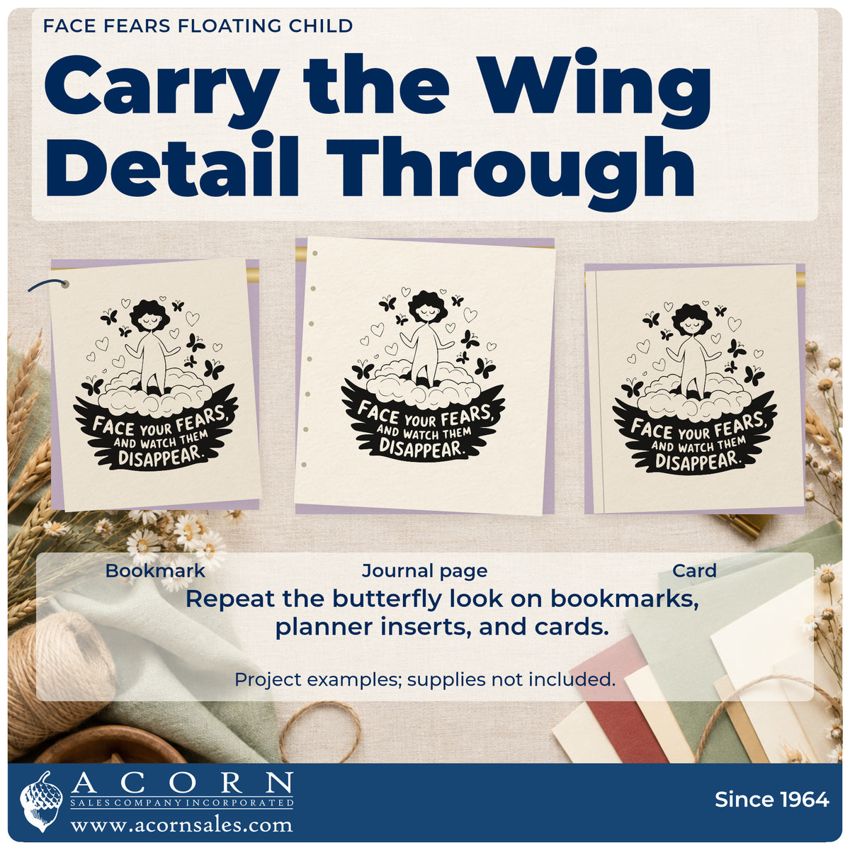 Three project examples made with the Face Fears Floating Child Butterfly Pre-Inked Stamp – Slim, including packing check sheet.