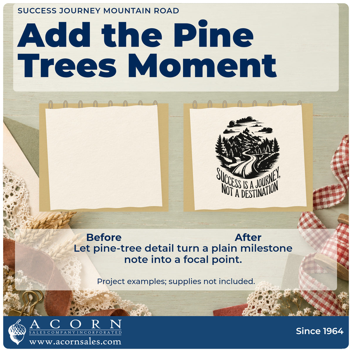 Before and after of a plain item finished with the Success Journey Mountain Road Pine Motif Pre-Inked Stamp – Slim, a quick upgrade for framed hall map.