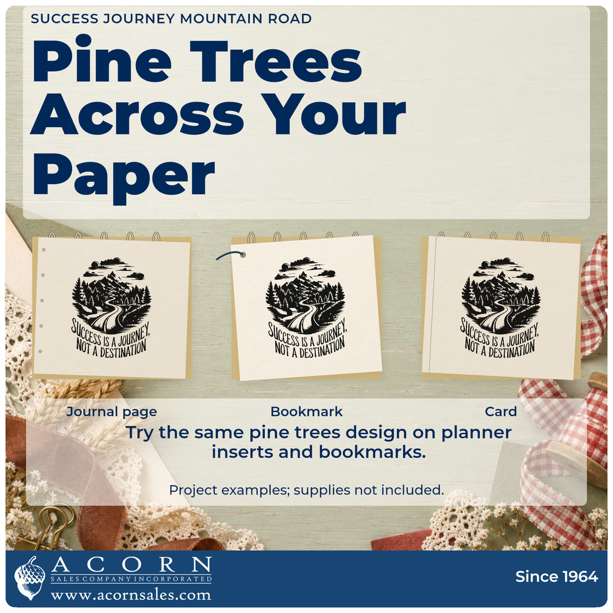 Three project examples made with the Success Journey Mountain Road Pine Motif PSI Pre-Inked Stamp, including street tick sheet.