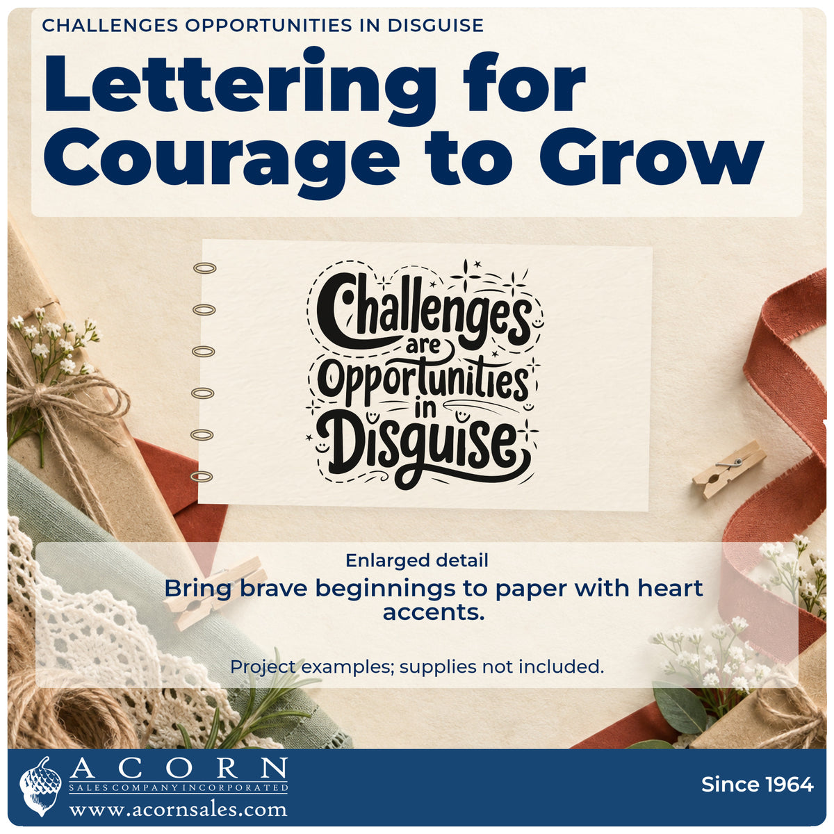 Enlarged detail of the Challenges Opportunities In Disguise Slim Pre-Inked Stamp imprint. Challenges are Opportunities in Disguise appears with dotted curves, small hearts, and decorative marks.