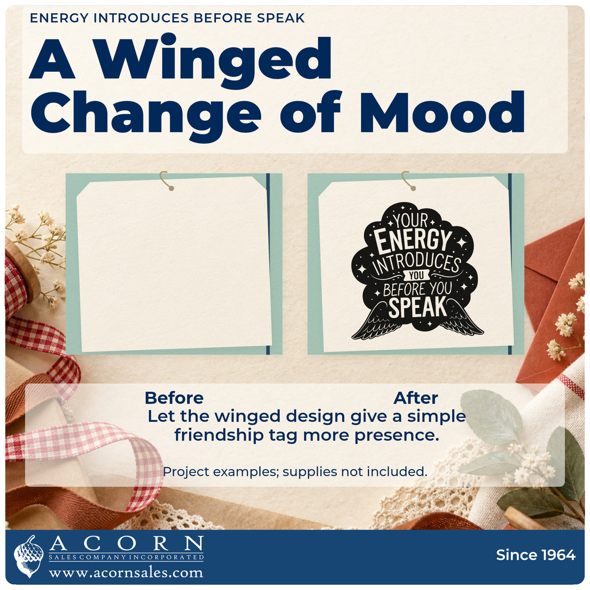 Before and after of a plain item finished with the Your Energy Introduces You Before You Speak Craft Stamp – Self-Inking, a quick upgrade for framed home studio.