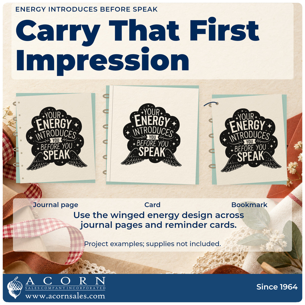 Three project examples made with the Your Energy Introduces You Before You Speak Hand Stamp – Duo, including event book sheet.