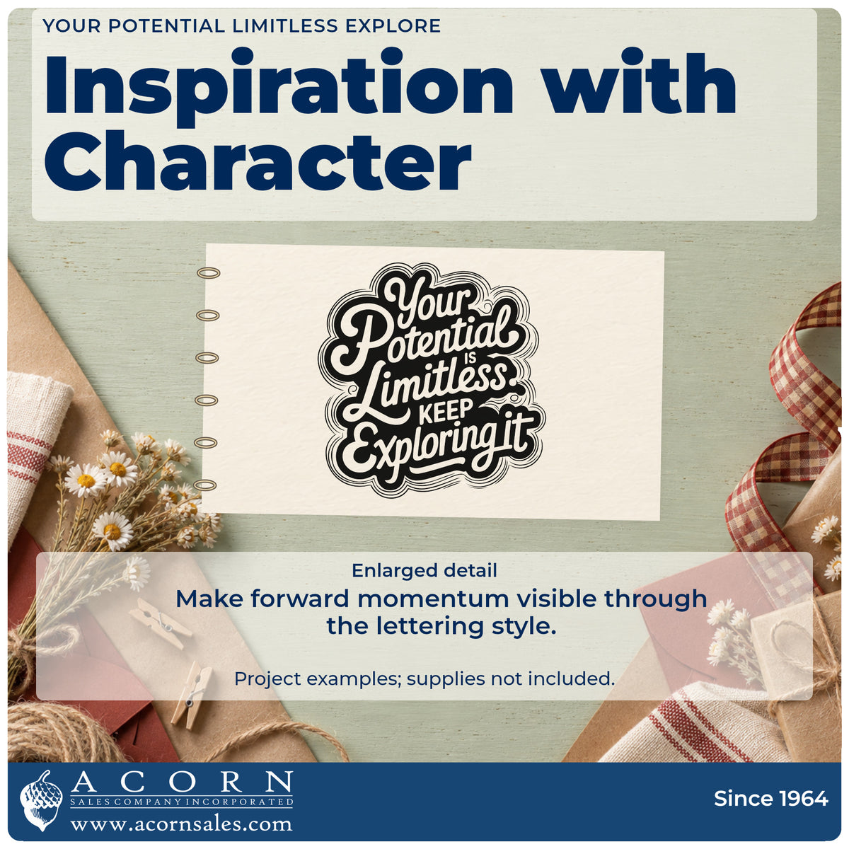 Enlarged detail of the Your Potential Limitless Explore Compact Pre-Inked Stamp – Slim imprint. Your Potential Limitless KEEP Exploring it appears inside a layered scalloped outline.