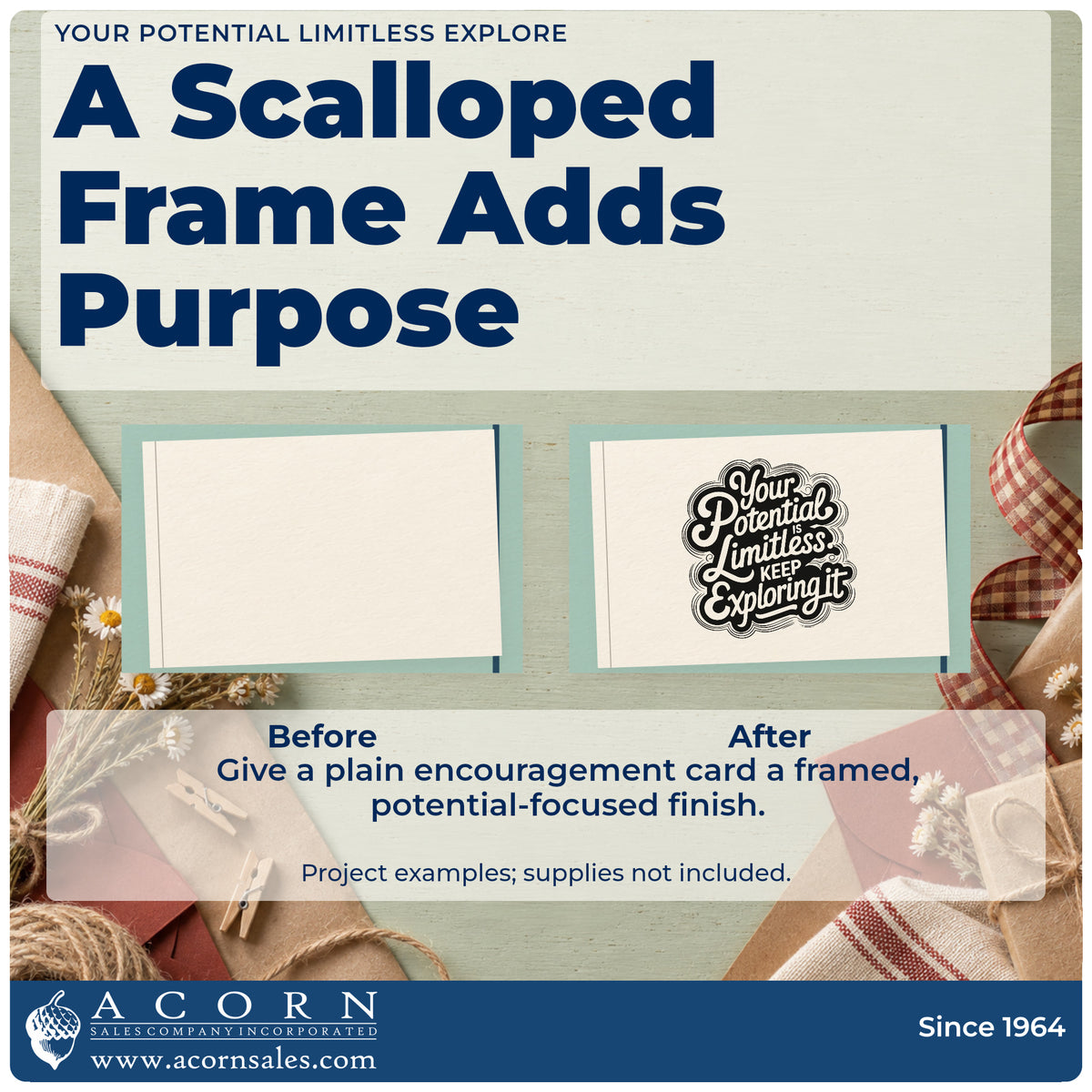 Before and after of a plain item finished with the Your Potential Limitless Explore PSI Pre-Inked Stamp, a quick upgrade for framed camp hall.