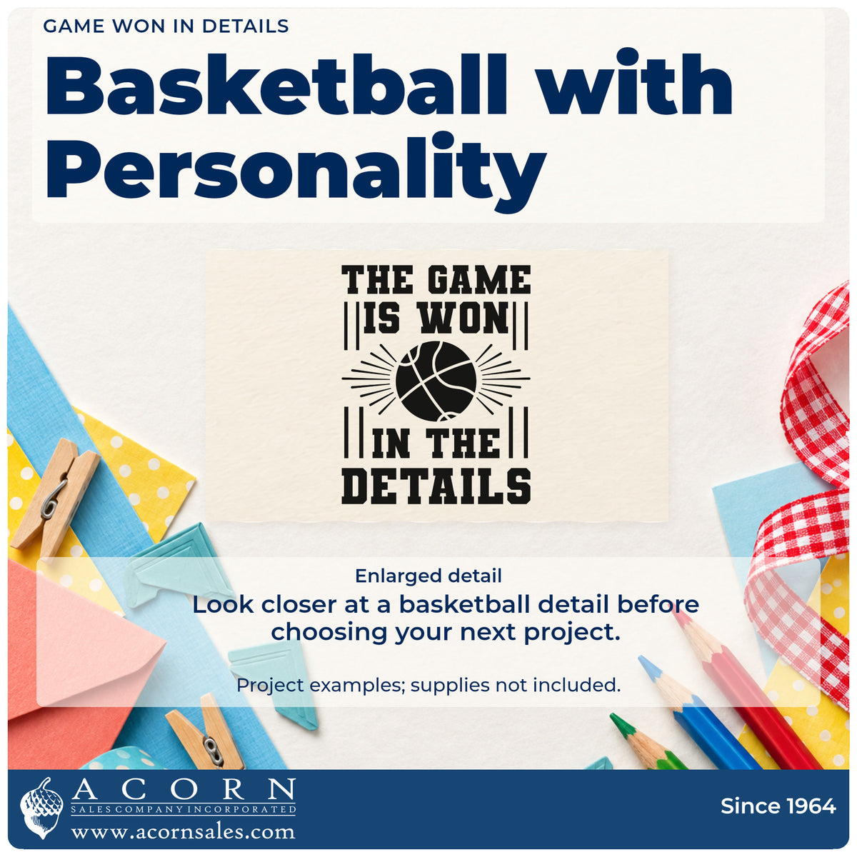 Enlarged detail of the The Game Is Won In The Details Stamp – Self-Inking imprint. THE GAME IS WON IN THE DETAILS appears around a basketball with radiating lines.