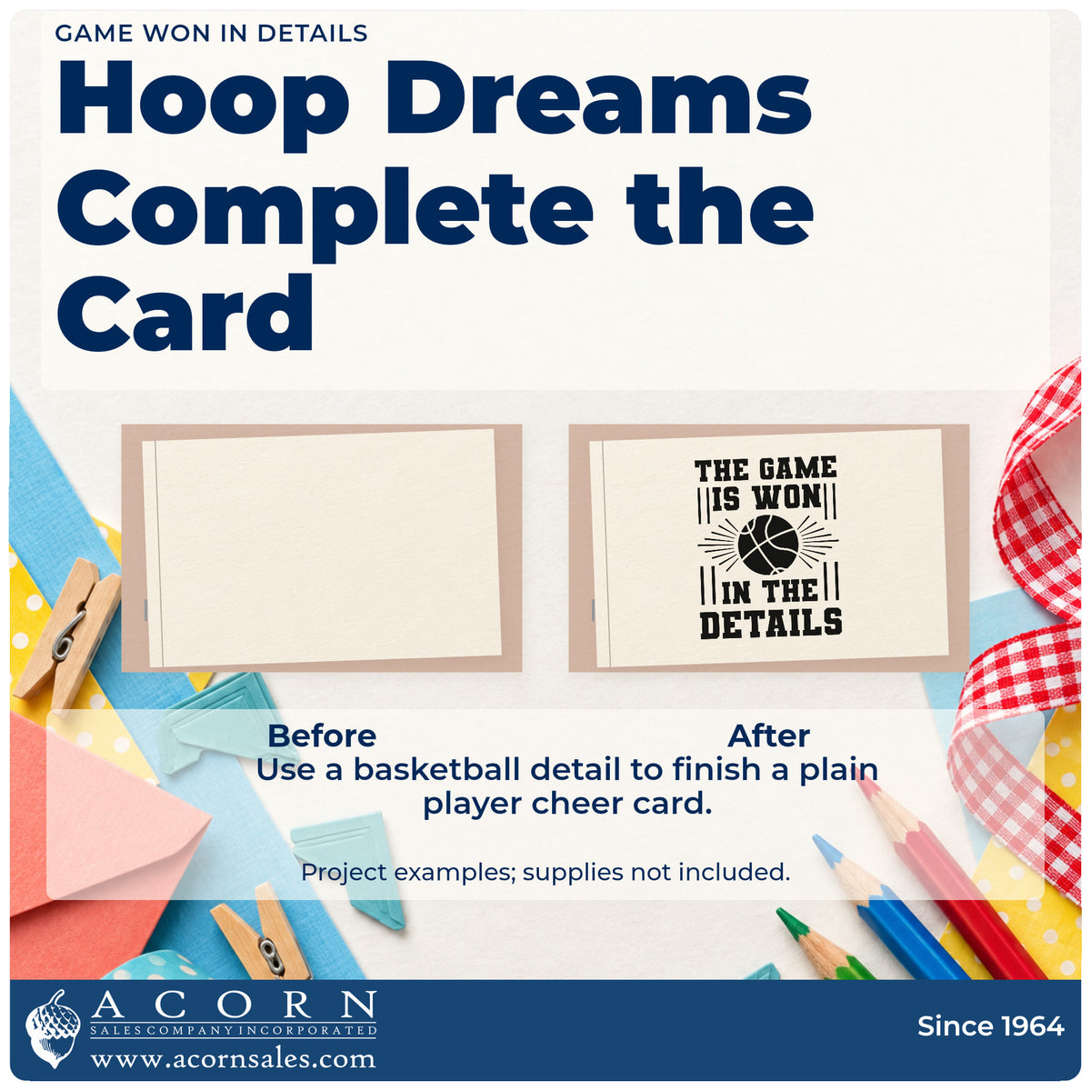 Before and after of a plain item finished with the The Game Is Won In The Details Stamp – Self-Inking, a quick upgrade for senior night gifts.