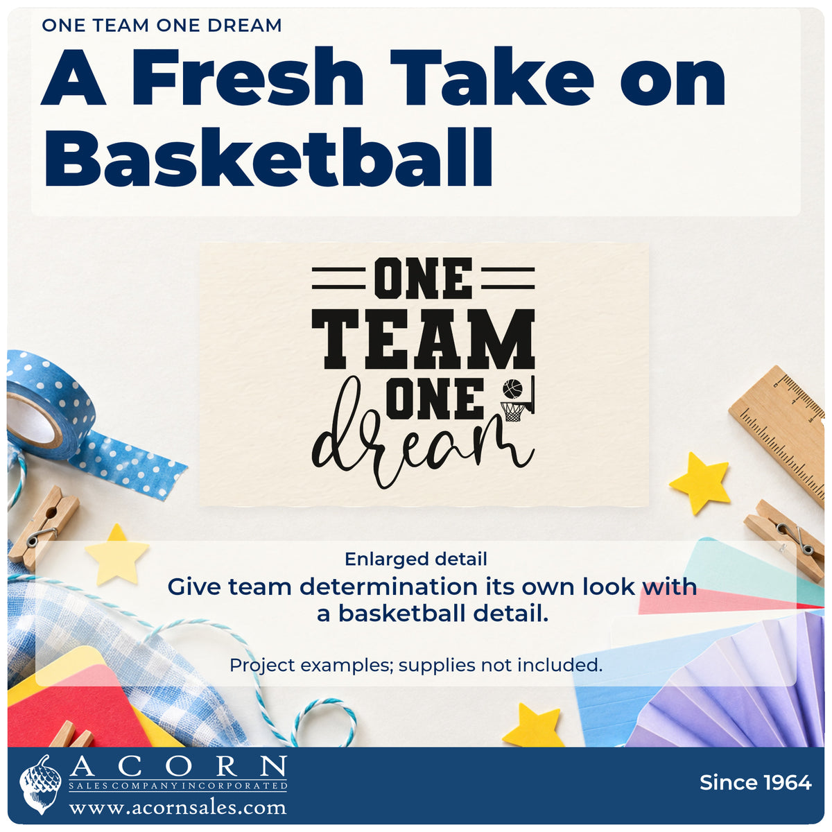 Enlarged detail of the One Team One Dream Rubber Stamp – Duo Hand imprint. ONE TEAM ONE dream appears with horizontal rules and a small basketball hoop.