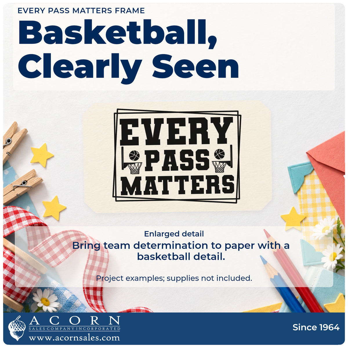 Enlarged detail of the Every Pass Matters Frame Slim Pre-Inked Stamp imprint. EVERY PASS MATTERS appears inside overlapping square frames with two small basketball hoops.