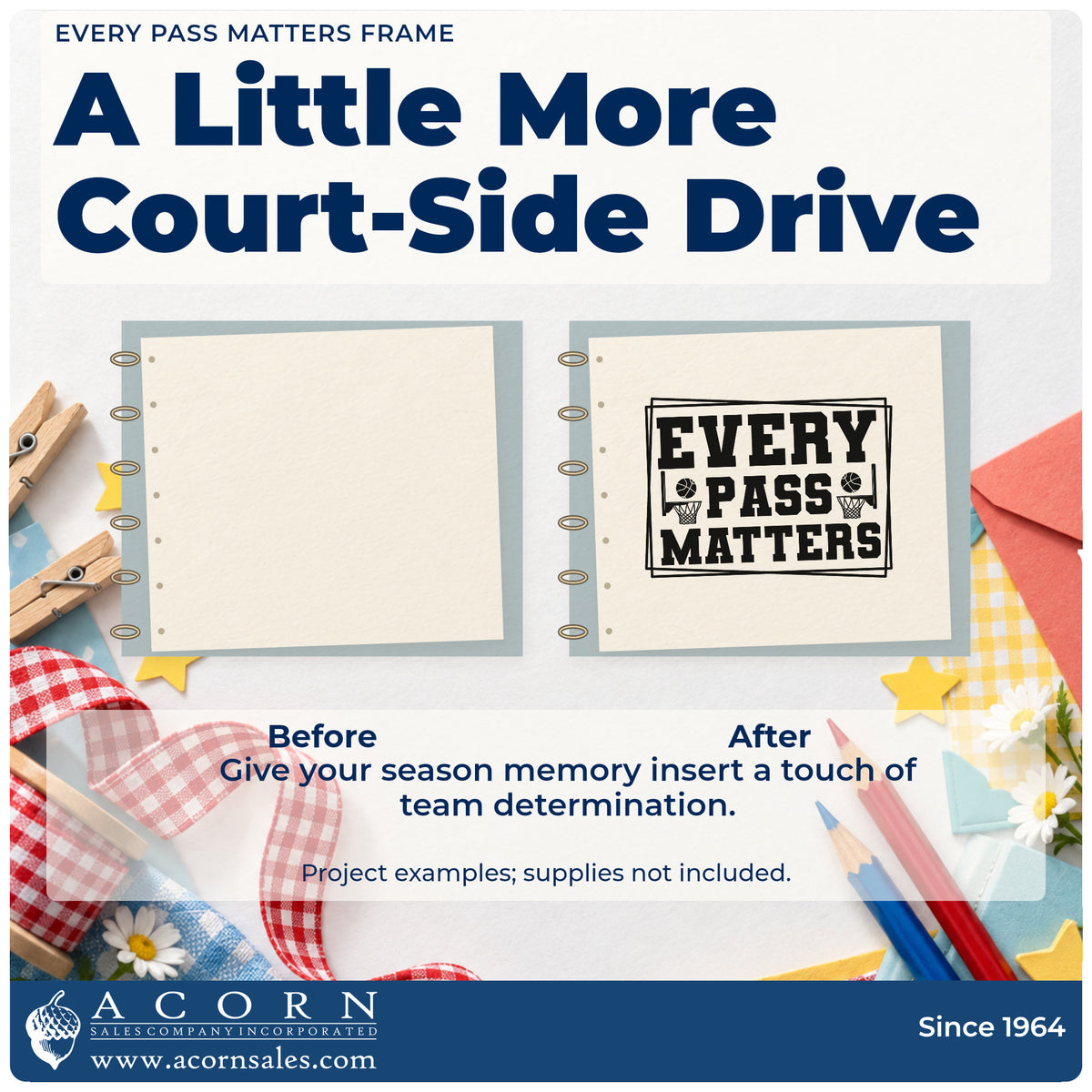 Before and after of a plain item finished with the Every Pass Matters Frame Self-Inking Stamp, a quick upgrade for framed locker row.