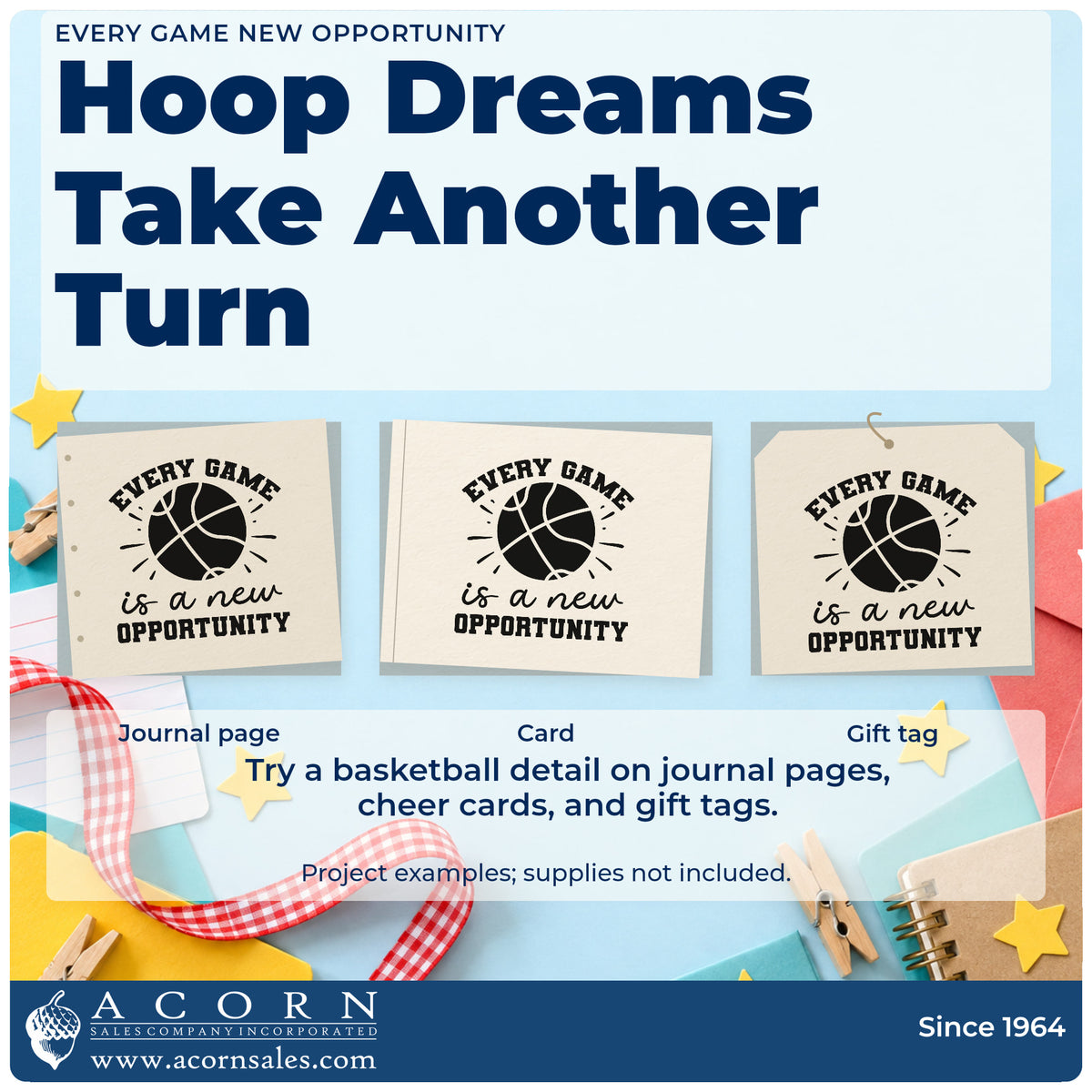 Three project examples made with the Every Game Is A New Opportunity Craft Stamp – Self-Inking, including bracket result sheet.