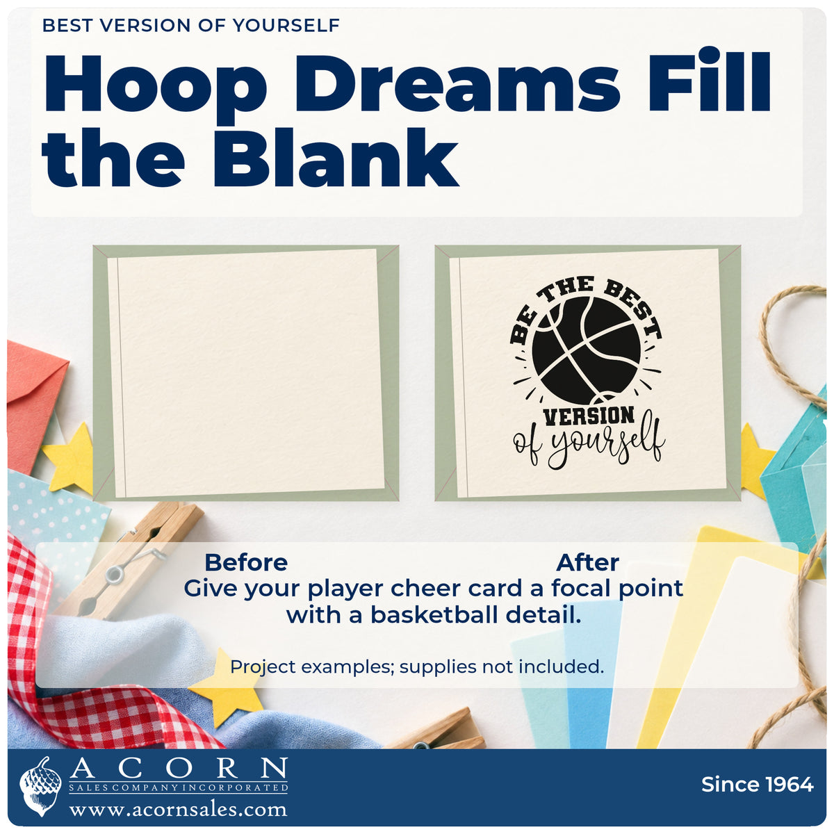 Before and after of a plain item finished with the Be The Best Version Of Yourself Self-Inking Stamp, a quick upgrade for framed side court.
