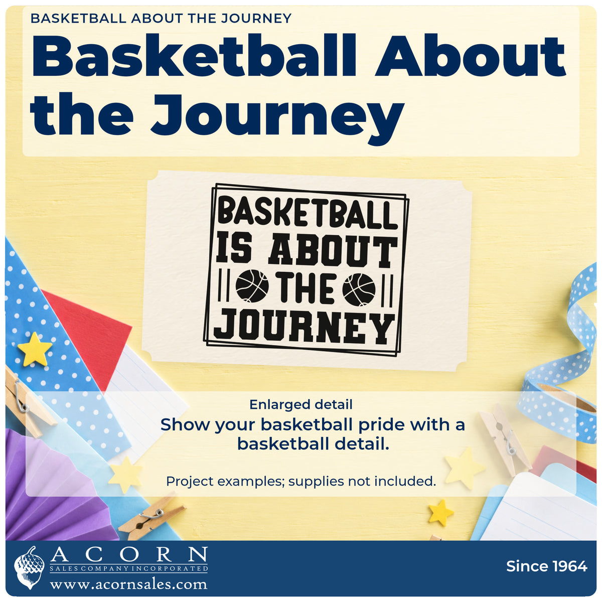Enlarged detail of the Basketball Is About The Journey PSI Pre-Inked Stamp imprint. BASKETBALL IS ABOUT THE JOURNEY appears inside a rectangular frame with two basketballs.