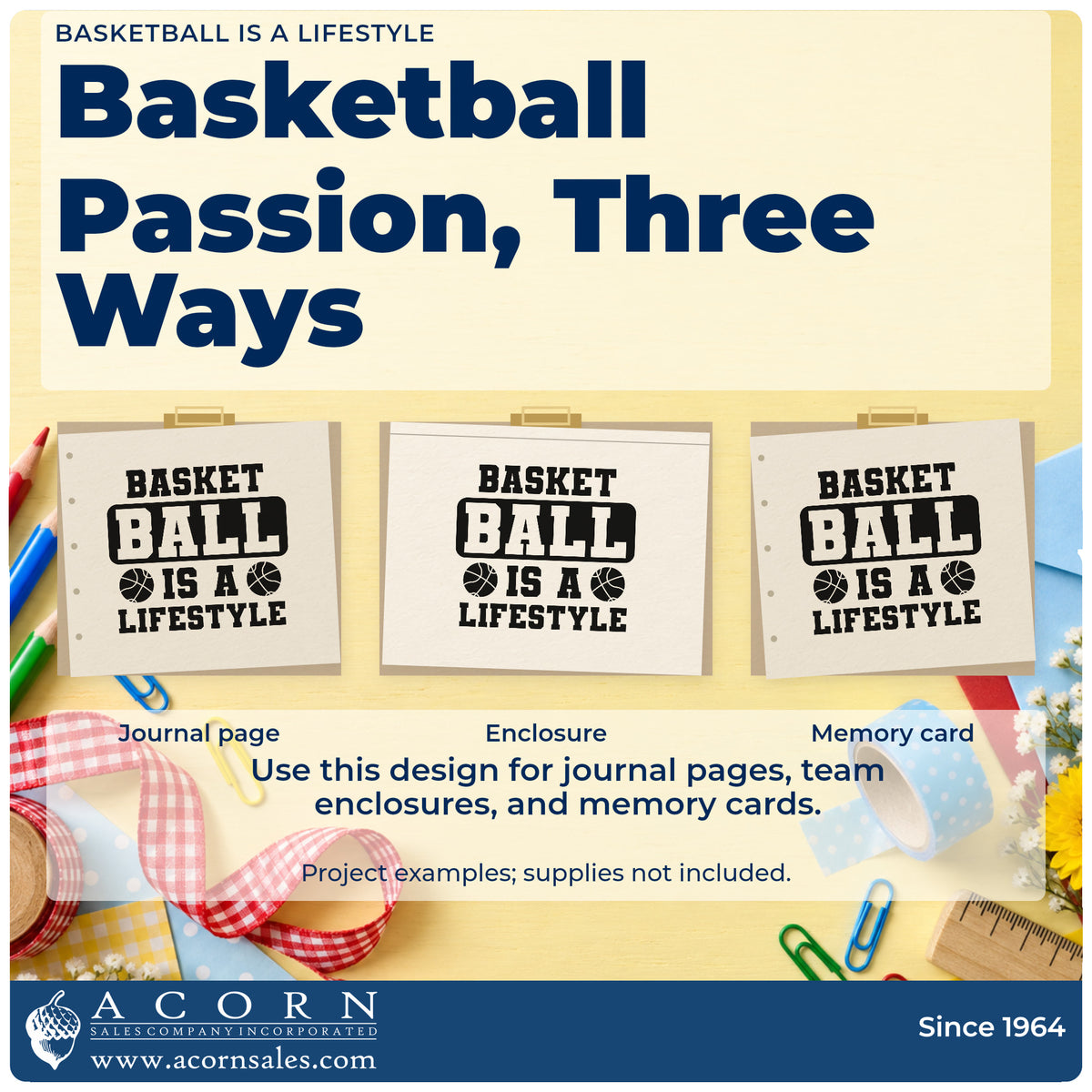 Three project examples made with the Basketball Is A Lifestyle Slim Pre-Inked Stamp, including work day sheet.