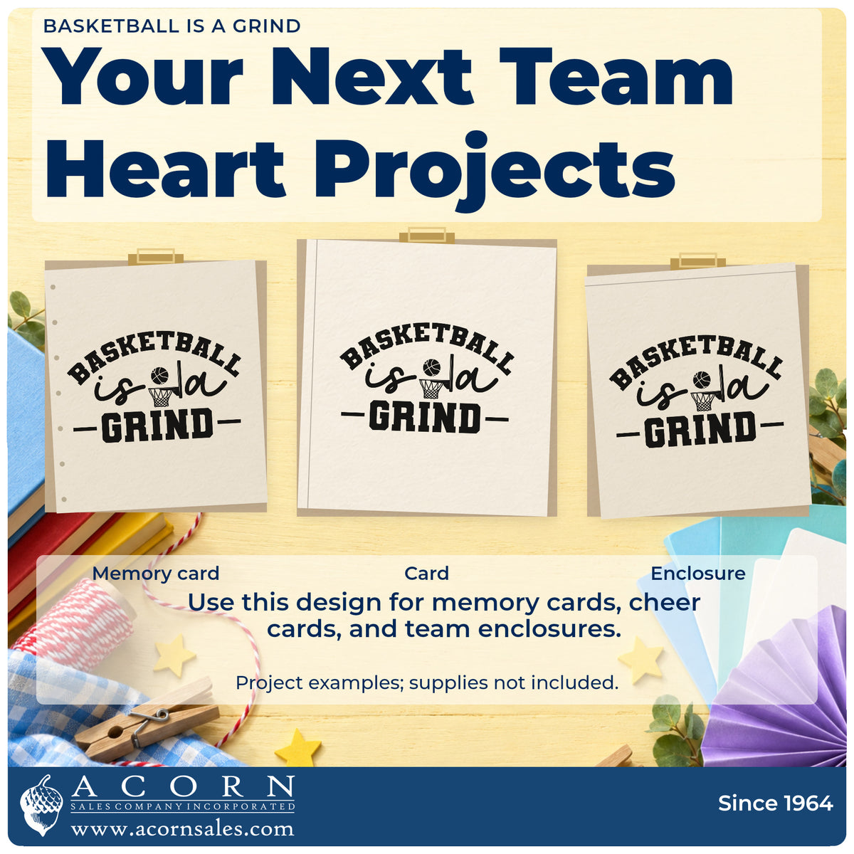 Three project examples made with the Basketball Is A Grind Stamp – Slim Pre-Inked, including make count sheet.