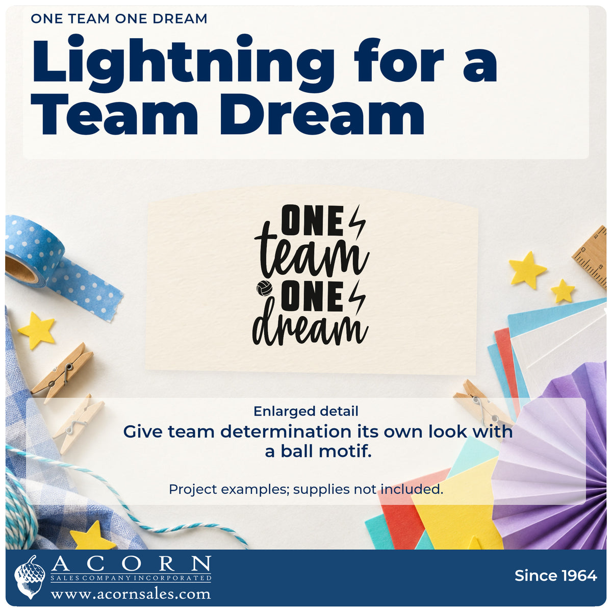 Enlarged detail of the One Team One Dream Volleyball Pre-Inked Stamp – PSI imprint. ONE team ONE dream appears with lightning bolts and a small volleyball-style ball.