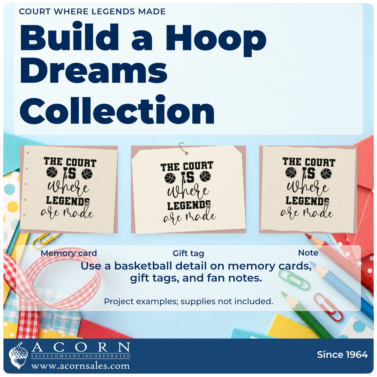 Three project examples made with the The Court Is Where Legends Are Made Stamp – Premium Vintage Pro Wooden, including ceremony order sheet.