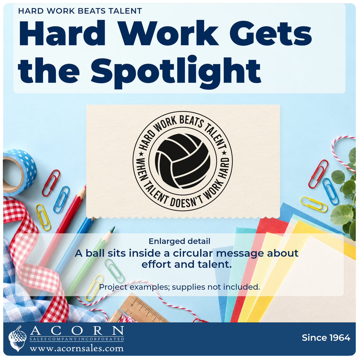 Enlarged detail of the Hard Work Beats Talent Volleyball Badge Stamp – PSI Pre-Inked imprint. A volleyball-style ball fills a circular badge bordered by HARD WORK BEATS TALENT WHEN TALENT DOESN'T WORK HARD.