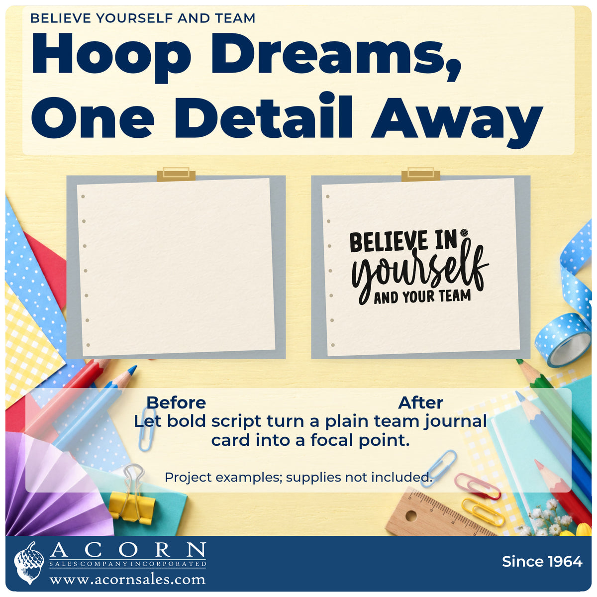 Before and after of a plain item finished with the Pre-Inked Believe In Yourself And Your Team Script Lettering Stamp – PSI, a quick upgrade for framed host kitchen.