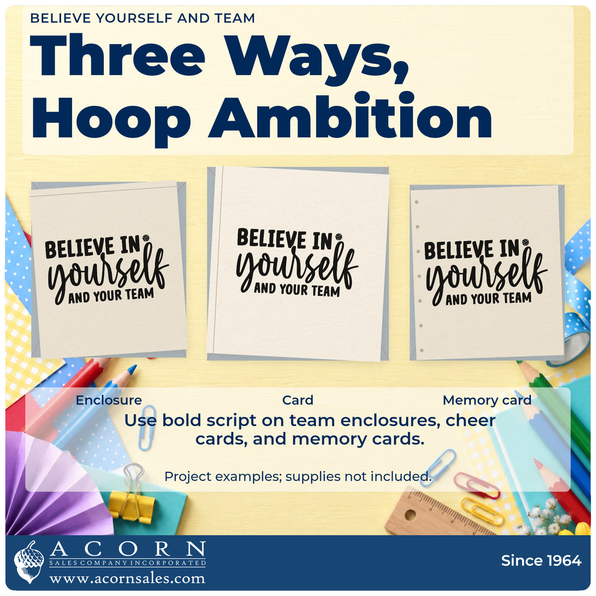 Three project examples made with the Believe In Yourself And Your Team Script Lettering Rubber Stamp – Wood Handle, including dinner rota sheet.