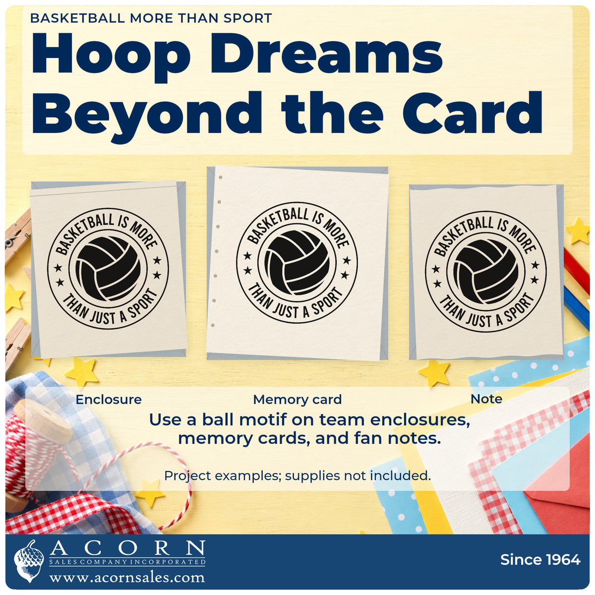 Three project examples made with the Basketball More Than Just A Sport Badge Premium Wooden Stamp – Vintage Pro, including buddy pair sheet.