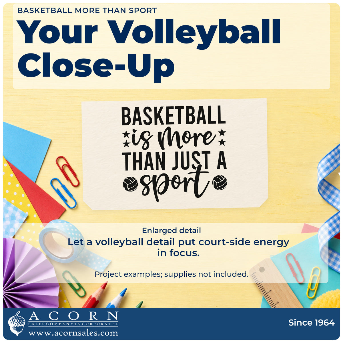 Enlarged detail of the Basketball Is More Than Just A Sport Pre-Inked Stamp – Slim imprint. BASKETBALL is more THAN JUST A sport appears with stars and two volleyball-style balls.