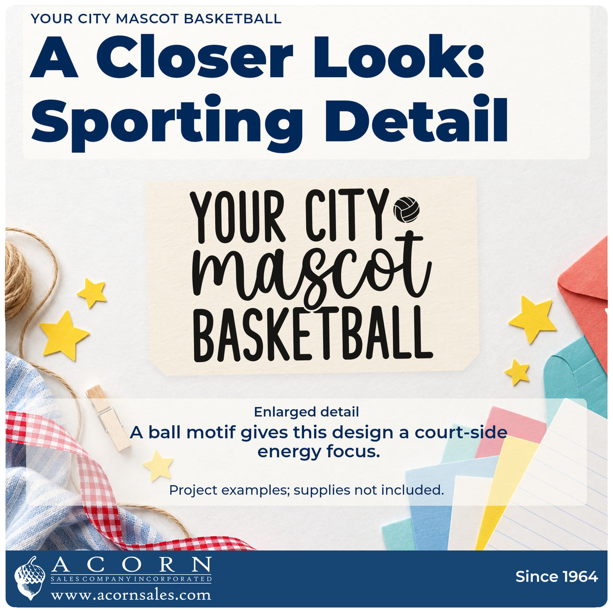 Enlarged detail of the Your City Mascot Basketball Word Art Premium Wooden Stamp – Vintage Pro imprint. YOUR CITY mascot BASKETBALL appears with a small volleyball-style ball.