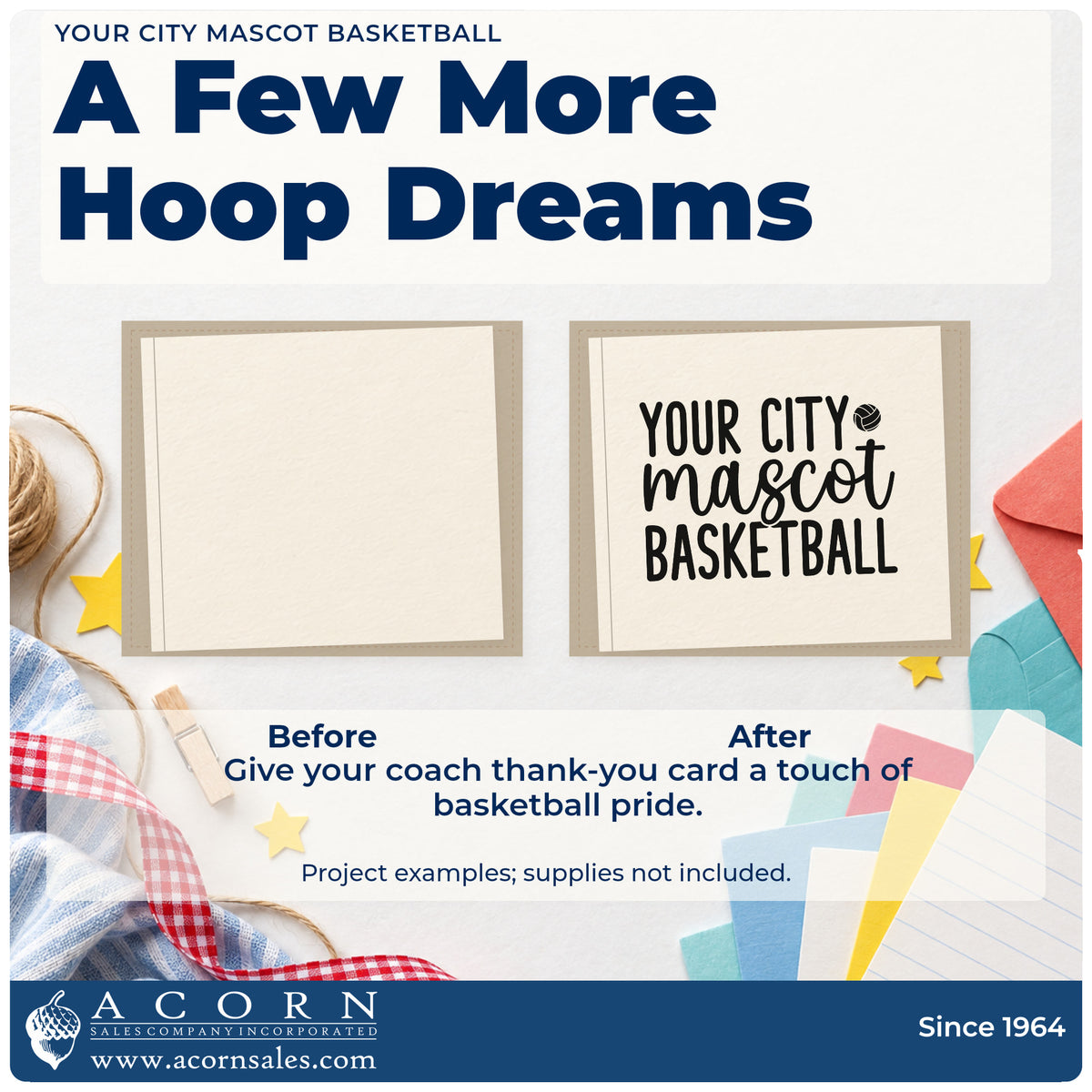 Before and after of a plain item finished with the Your City Mascot Basketball Word Art Pre-Inked Stamp – Slim, a quick upgrade for framed press room.