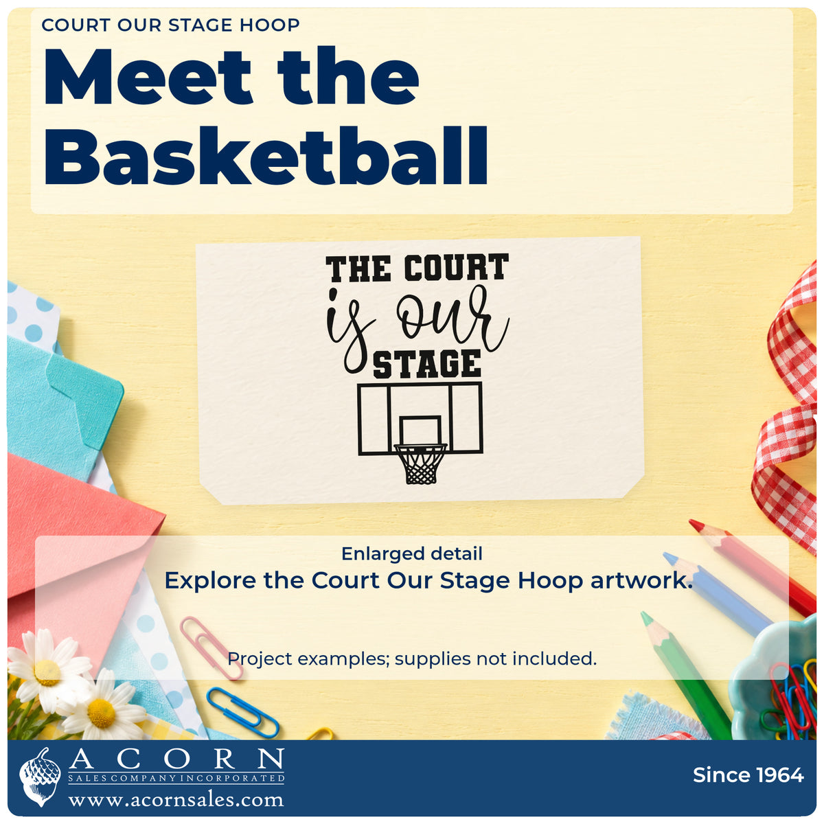 Enlarged detail of the Court Our Stage Hoop Rubber Stamp – Wood Handle imprint. THE COURT is our STAGE appears above a basketball backboard and hoop.